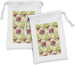Ambesonne Floral Fabric Pouch Set of 2, Continuous Illustration of Naive Nature Style Spring Style Blossoms, Small Drawstring Bag for Toiletries Masks and Favors, 9" x 6", Pastel Green Multicolor
