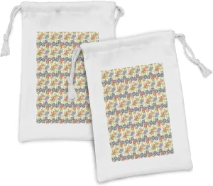 Ambesonne Floral Fabric Pouch Set of 2, Doodle Interpretation of Blossoming Summer Flowers, Small Drawstring Bag for Toiletries Masks and Favors, 9" x 6", Multicolor