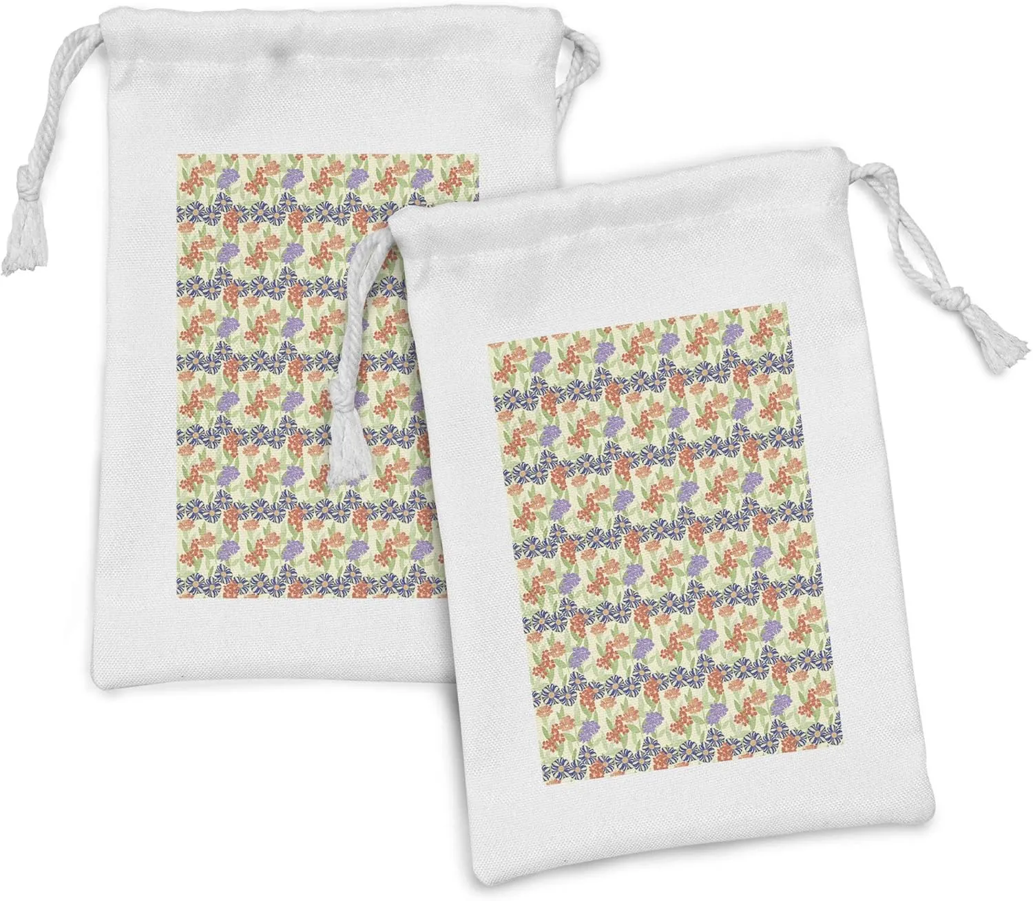 Ambesonne Floral Fabric Pouch Set of 2, Doodle Interpretation of Blossoming Summer Flowers, Small Drawstring Bag for Toiletries Masks and Favors, 9" x 6", Multicolor