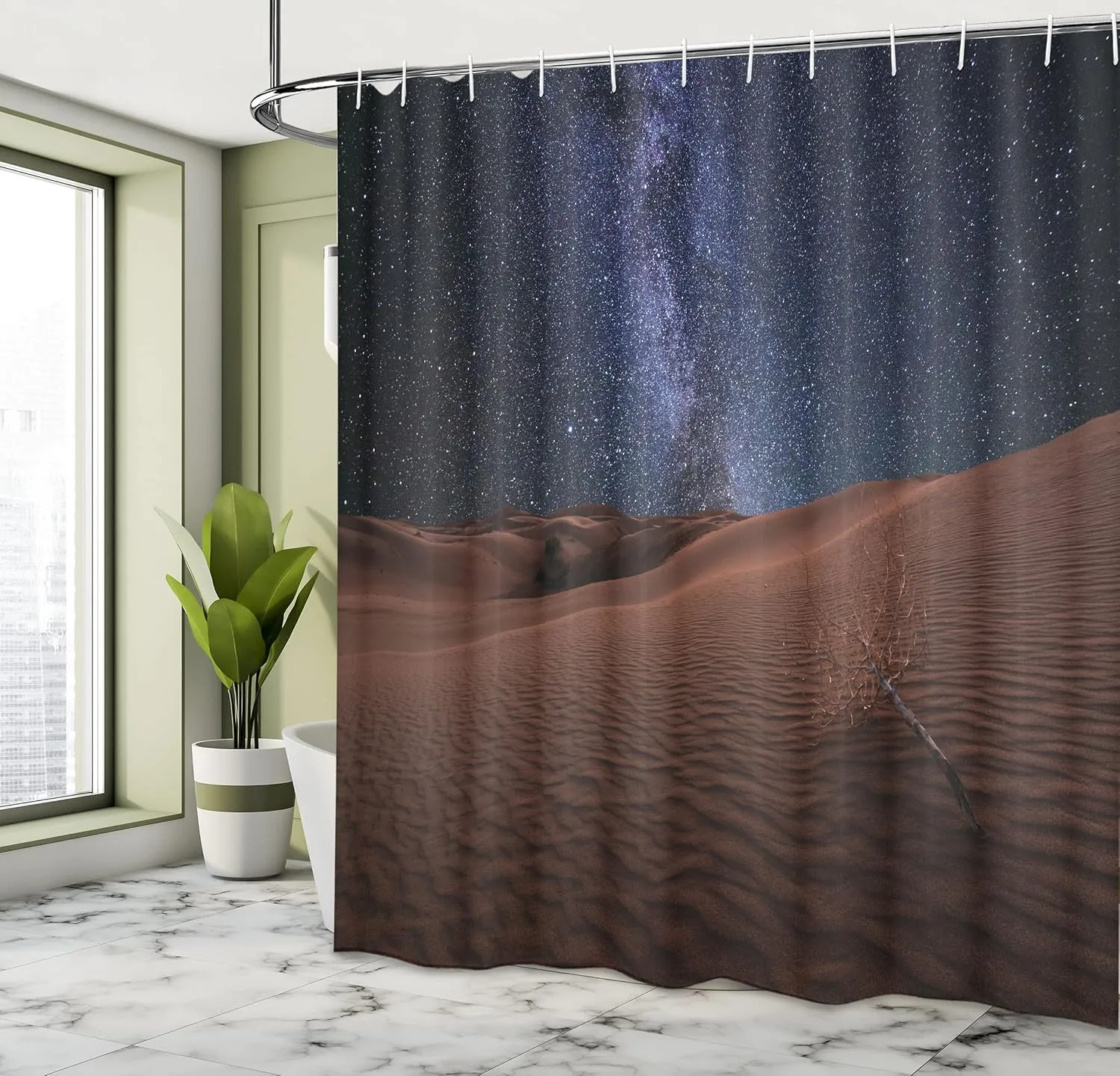 Ambesonne Space Shower Curtain, Life on Mars Themed Surreal Surface of Gobi Desert Dune Oasis Lunar Adventure Photo, Cloth Fabric Bathroom Decor Set with Hooks, 69" W x 70" L, Brown Blue