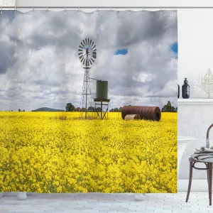 Ambesonne Windmill Decor Shower Curtain, Canola Meadow Stormy Day Victorian Goldfields Agricultural Farmland, Fabric Bathroom Decor Set with Hooks, 69" W x 75" L, Yellow Grey White
