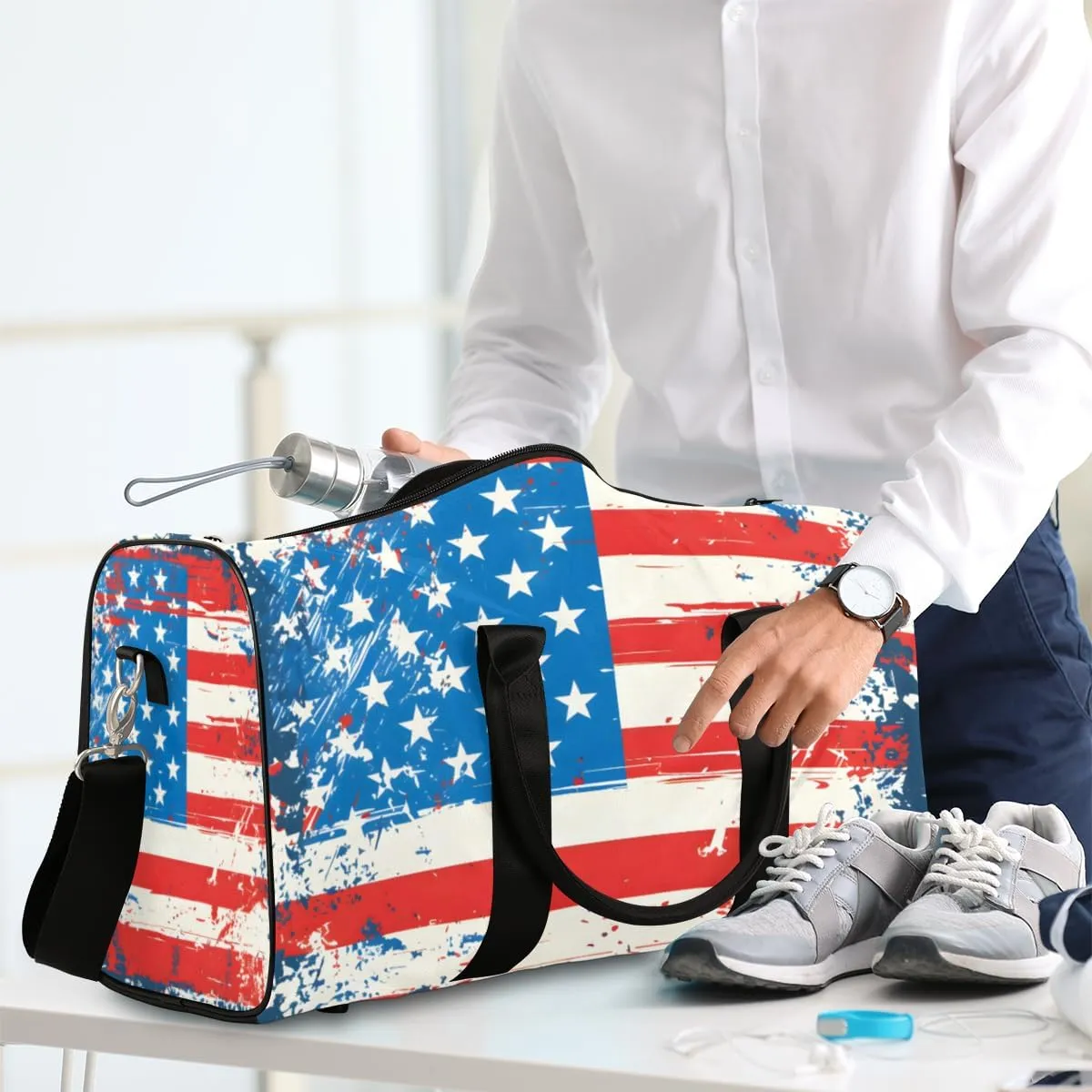 American USA Flag Travel Duffle Bag for Women Men Gym Duffel Foldable Bag Waterproof Weekender 4th of July Duffle Tote
