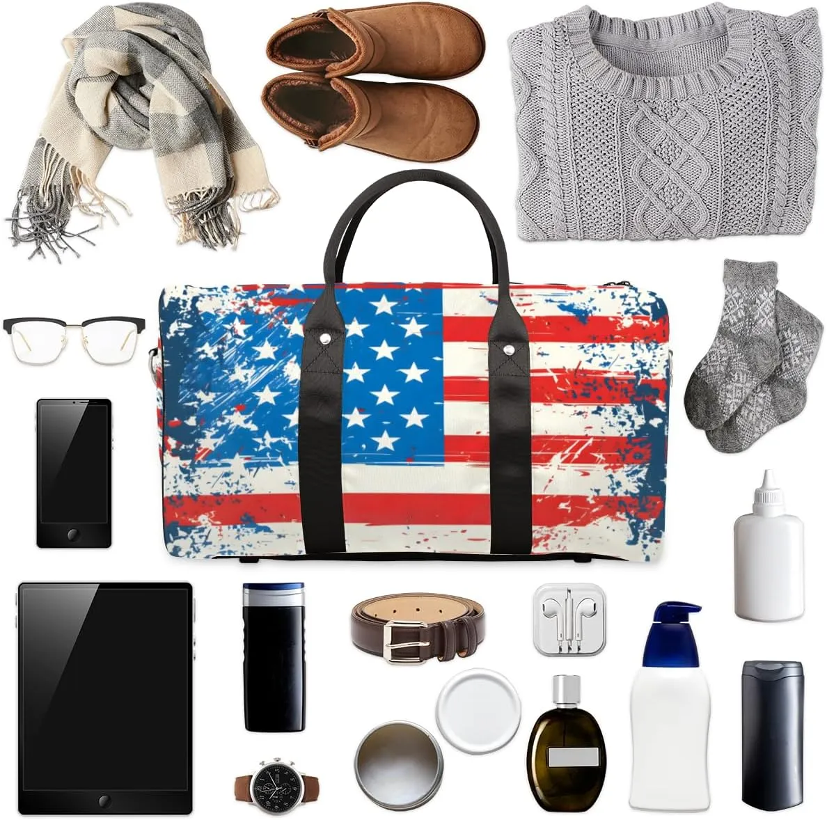 American USA Flag Travel Duffle Bag for Women Men Gym Duffel Foldable Bag Waterproof Weekender 4th of July Duffle Tote