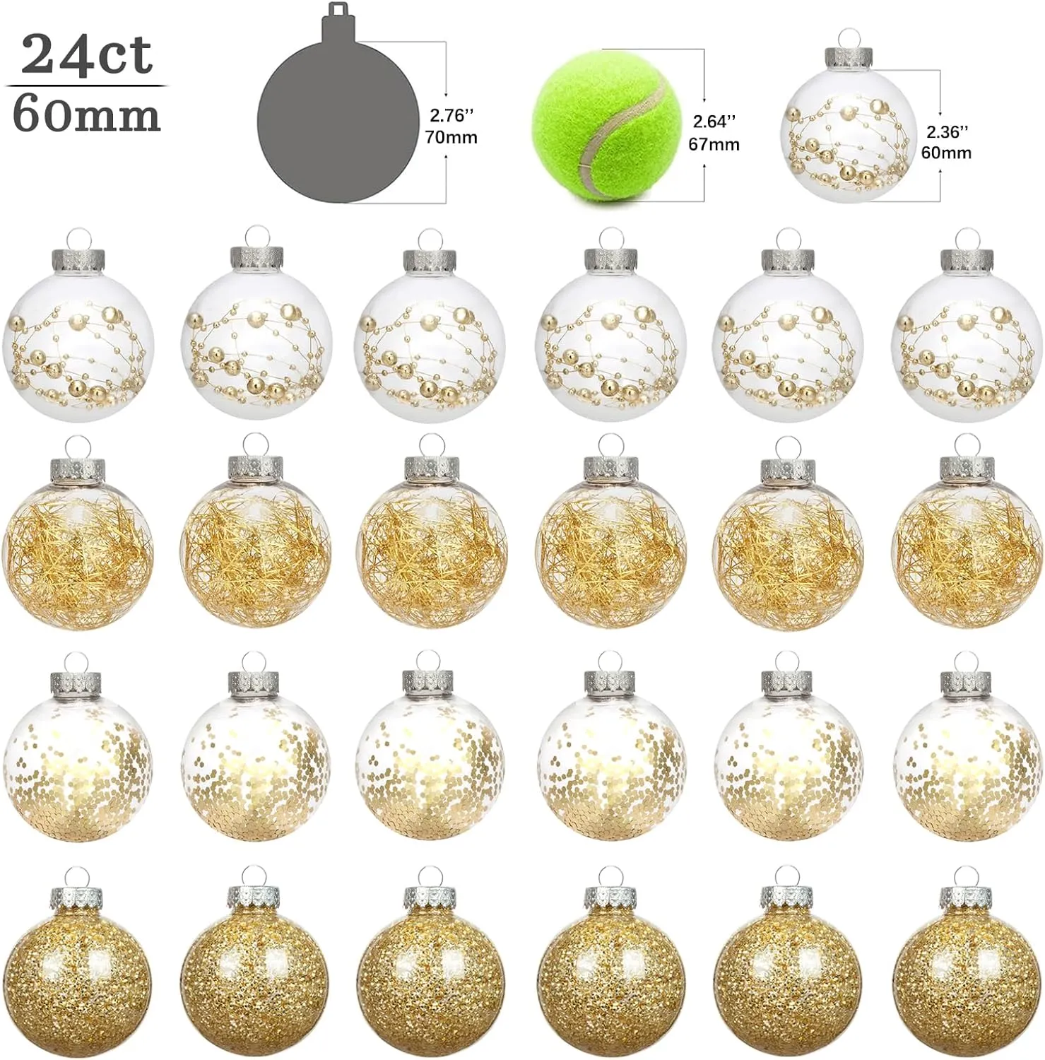 AMS 24ct Clear Christmas Ball Ornaments, 2.36''/60mm Shatterproof Hanging Xmas Balls Baubles Set for Christmas Tree with Stuffed Delicate Decorations for Wedding Christmas (Gold)