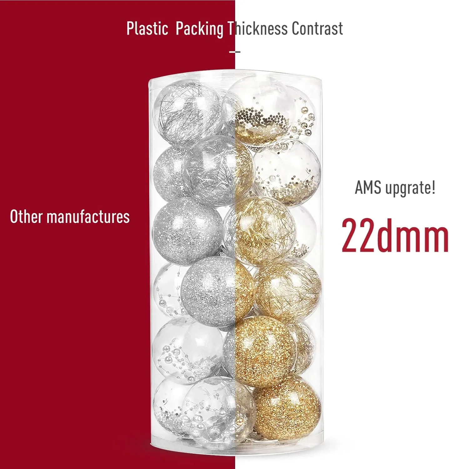 AMS 24ct Clear Christmas Ball Ornaments, 2.36''/60mm Shatterproof Hanging Xmas Balls Baubles Set for Christmas Tree with Stuffed Delicate Decorations for Wedding Christmas (Gold)