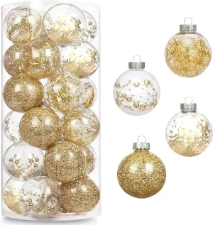 AMS 24ct Clear Christmas Ball Ornaments, 2.36''/60mm Shatterproof Hanging Xmas Balls Baubles Set for Christmas Tree with Stuffed Delicate Decorations for Wedding Christmas (Gold)