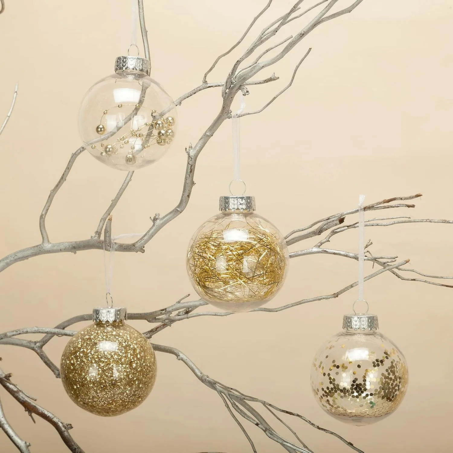 AMS 24ct Clear Christmas Ball Ornaments, 2.36''/60mm Shatterproof Hanging Xmas Balls Baubles Set for Christmas Tree with Stuffed Delicate Decorations for Wedding Christmas (Gold)