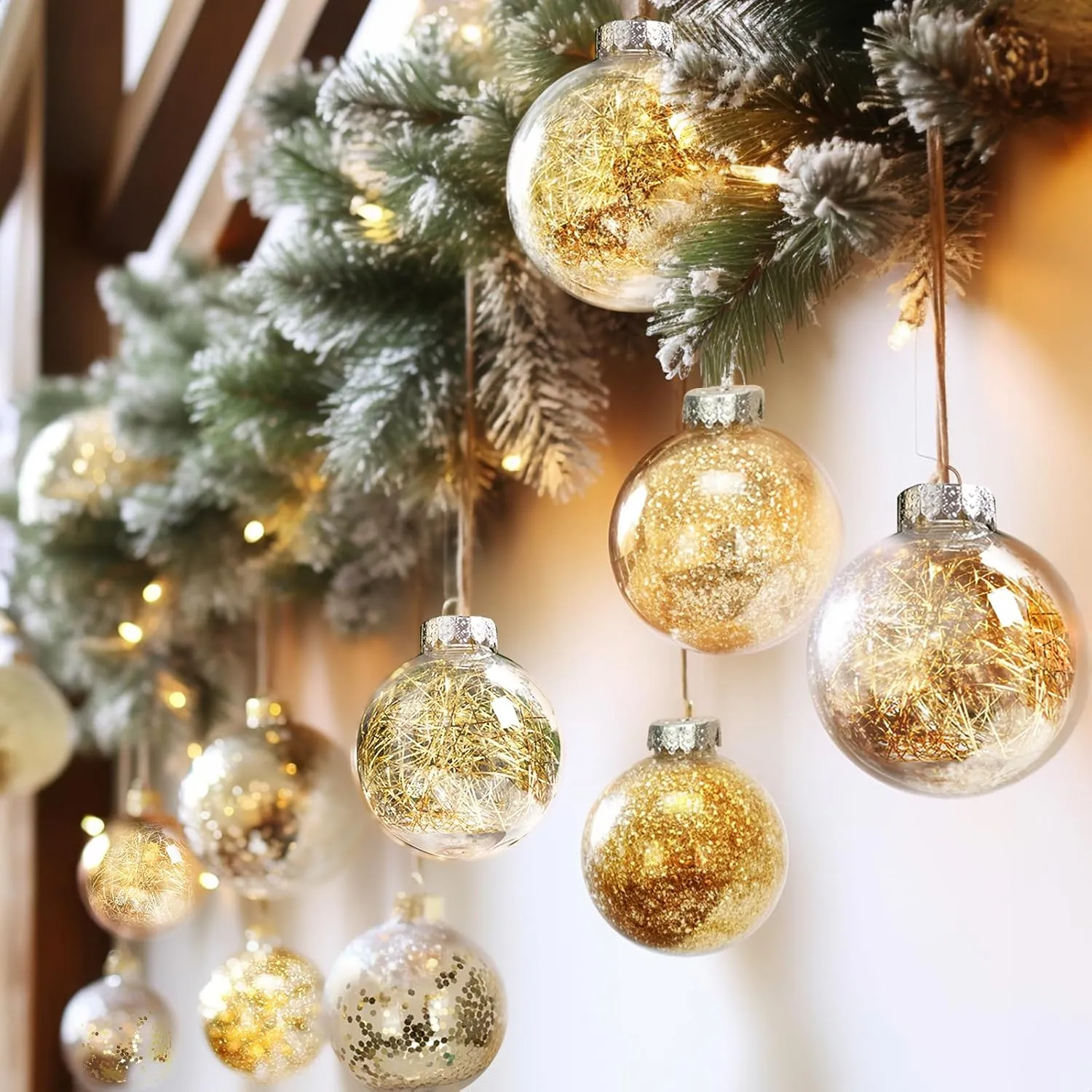 AMS 24ct Clear Christmas Ball Ornaments, 2.36''/60mm Shatterproof Hanging Xmas Balls Baubles Set for Christmas Tree with Stuffed Delicate Decorations for Wedding Christmas (Gold)