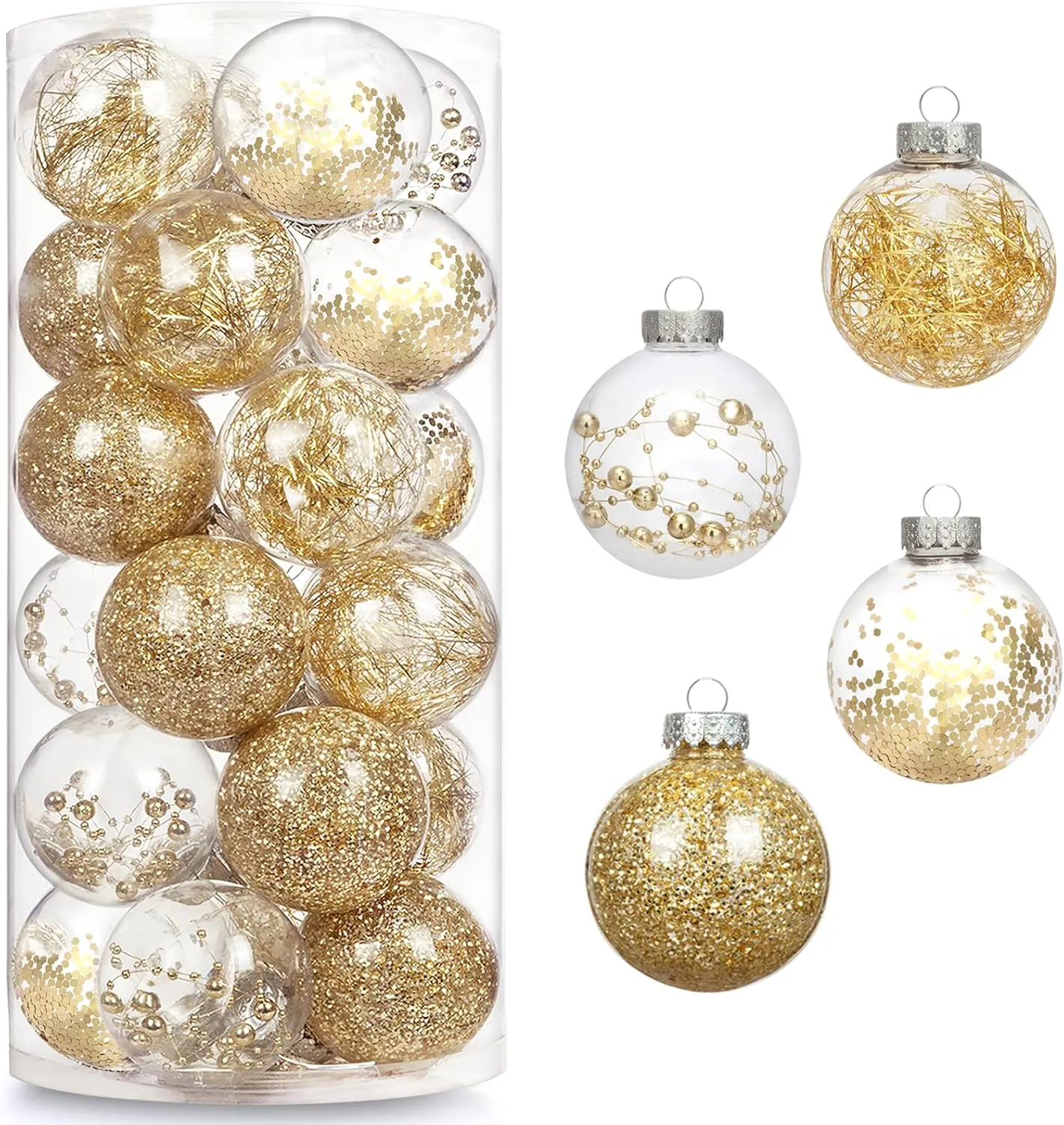 AMS 24ct Clear Christmas Ball Ornaments, 2.36''/60mm Shatterproof Hanging Xmas Balls Baubles Set for Christmas Tree with Stuffed Delicate Decorations for Wedding Christmas (Gold)