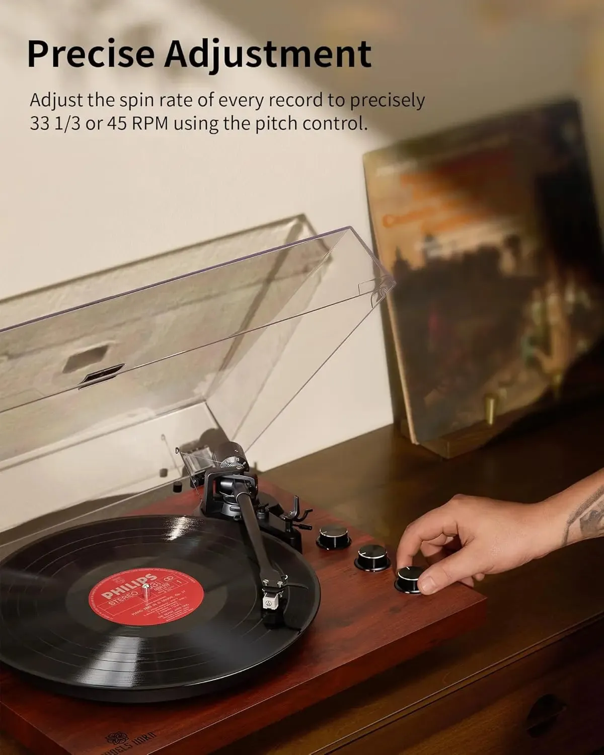 Angels Horn AH1 Wooden Turntable Bluetooth Vinyl Player with Speed Adjustment Knob