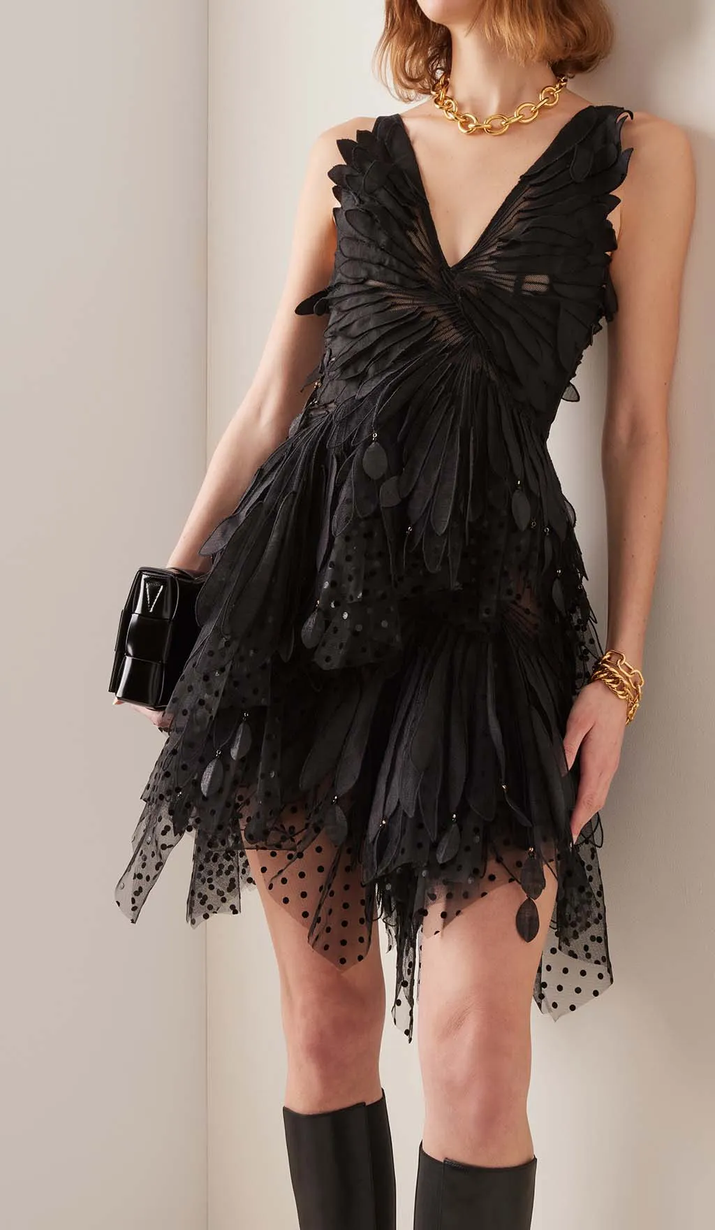 Appliqued Tulle Mini Dress In Black