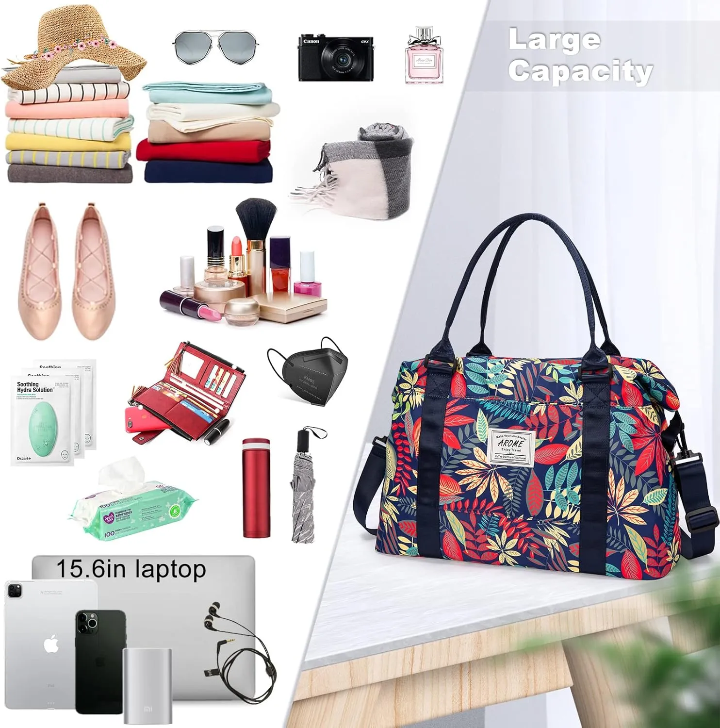AROME Weekender Bags for Women, Travel Duffel Bag Overnight Weekend Bag Sports Gym Tote Bag with Wet Pocket & Flight Approved