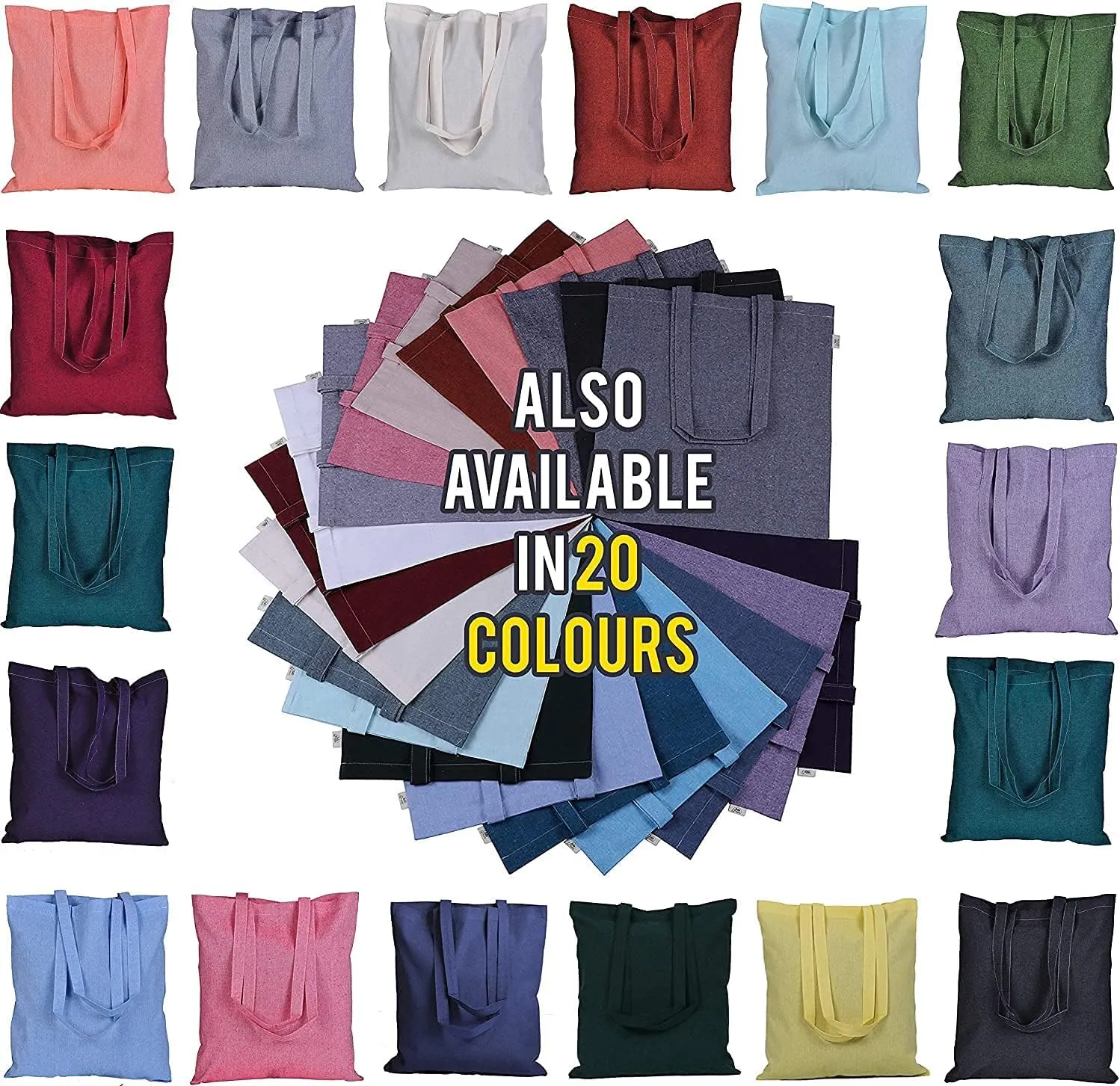 Atmos Green 12 pack 15 X 16 inch with long handle ASSORTED Colors 5.5 oz Recycled cotton canvas reusable grocery bags eco friendly super strong MADE in INDIA