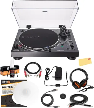 Audio-Technica AT-LP120XUSB Direct-Drive Turntable with Analog and USB Outputs - Black Bundle with Headphones, Cable, Slip Mat, Cleaning Kit, and Austin Bazaar Polishing Cloth