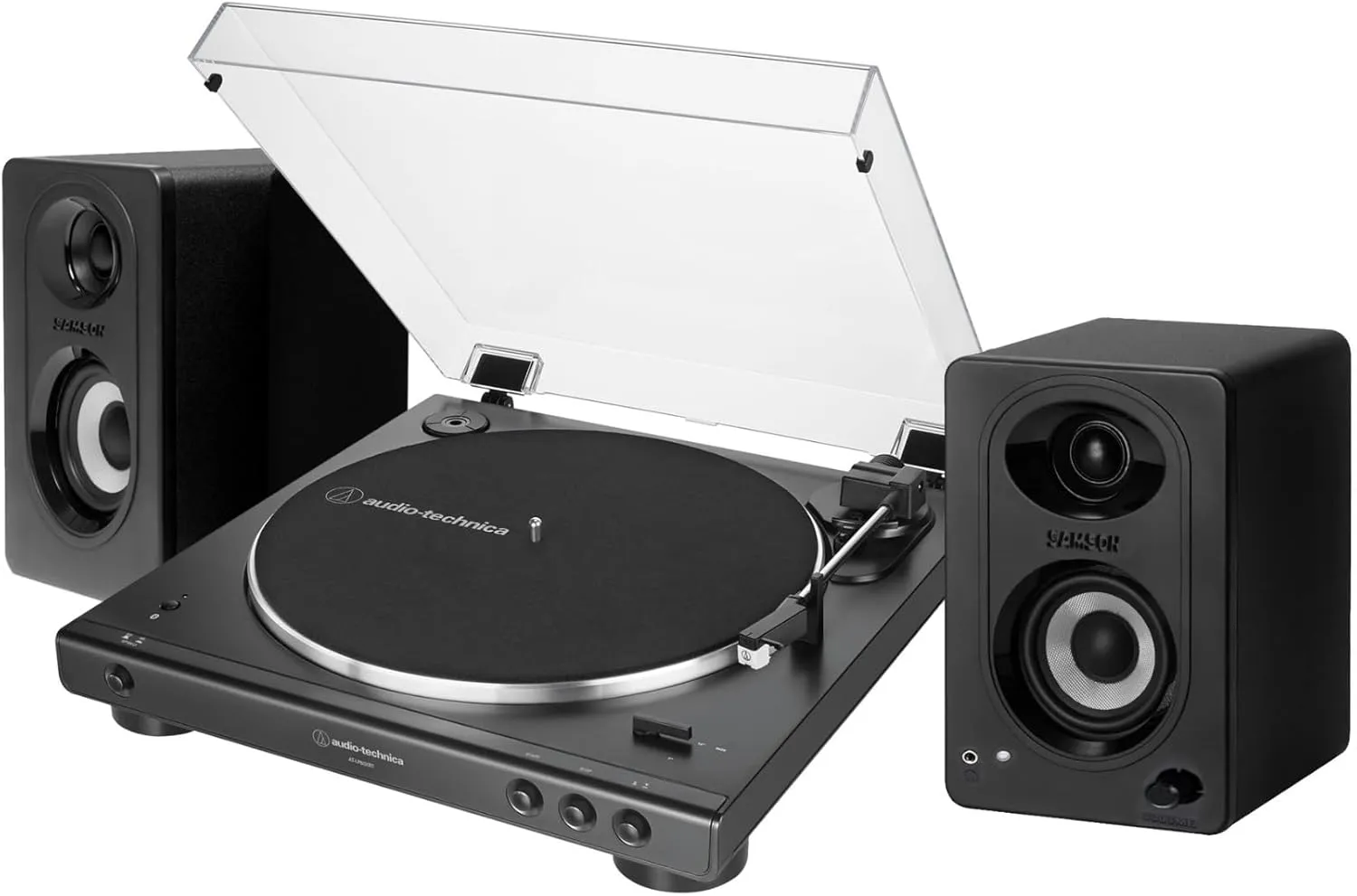 Audio-Technica AT-LP60XBT Bluetooth Stereo Turntable (Black) Bundle with 3' Powered Bluetooth Studio Monitors - Pair (2 Items)