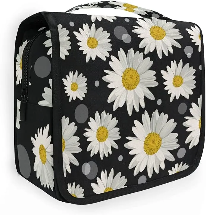 AUUXVA Travel Toiletry Bag Daisy Floral Flower Polka Dot Pattern Cosmetic Organizer Bag Hanging Makeup Bag with Zipper Pocket and Handle, Portable Wash Bag for Women Men Girls