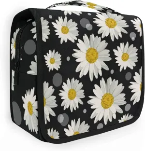 AUUXVA Travel Toiletry Bag Daisy Floral Flower Polka Dot Pattern Cosmetic Organizer Bag Hanging Makeup Bag with Zipper Pocket and Handle, Portable Wash Bag for Women Men Girls