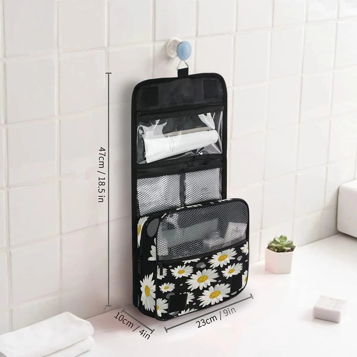 AUUXVA Travel Toiletry Bag Daisy Floral Flower Polka Dot Pattern Cosmetic Organizer Bag Hanging Makeup Bag with Zipper Pocket and Handle, Portable Wash Bag for Women Men Girls