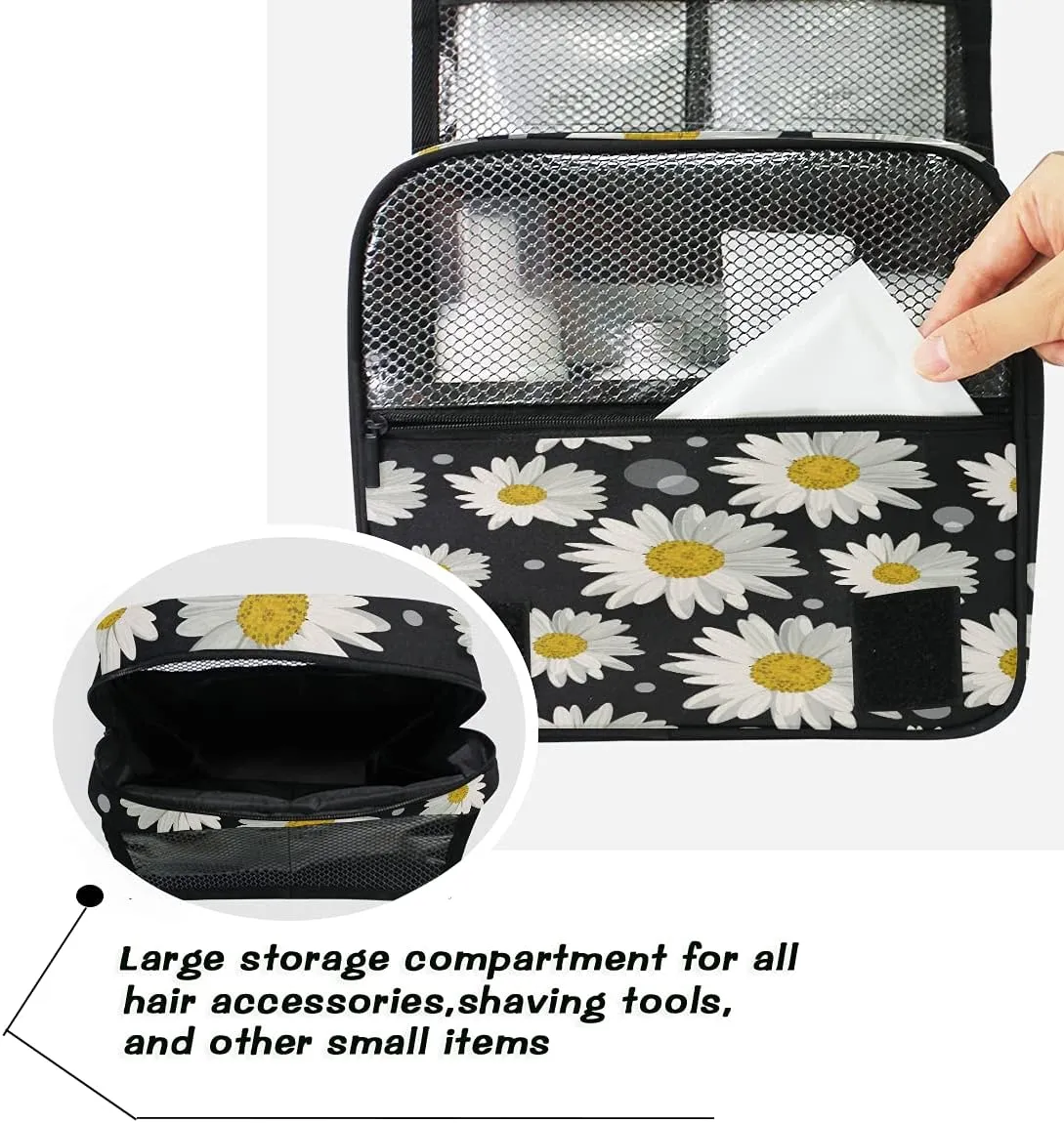 AUUXVA Travel Toiletry Bag Daisy Floral Flower Polka Dot Pattern Cosmetic Organizer Bag Hanging Makeup Bag with Zipper Pocket and Handle, Portable Wash Bag for Women Men Girls