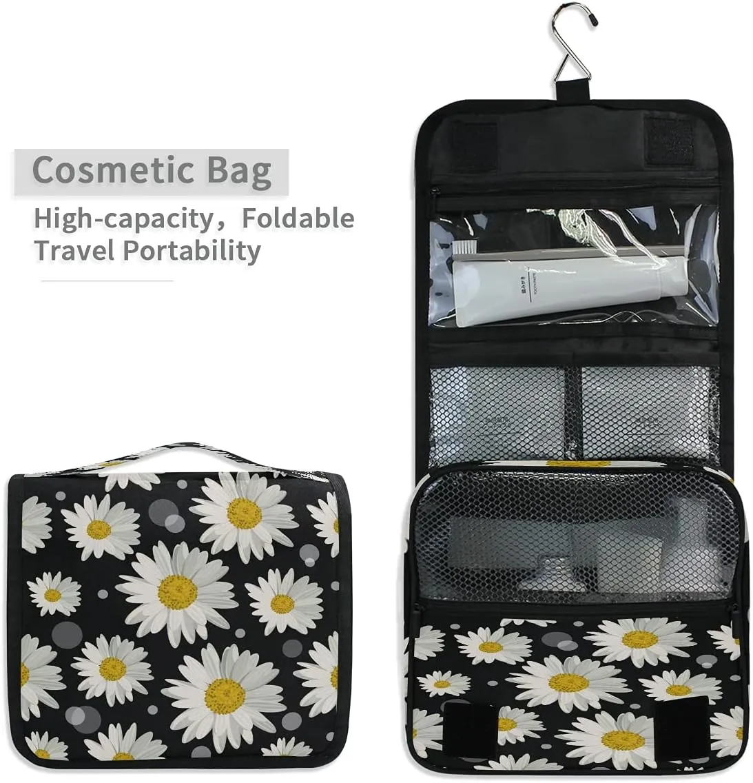 AUUXVA Travel Toiletry Bag Daisy Floral Flower Polka Dot Pattern Cosmetic Organizer Bag Hanging Makeup Bag with Zipper Pocket and Handle, Portable Wash Bag for Women Men Girls