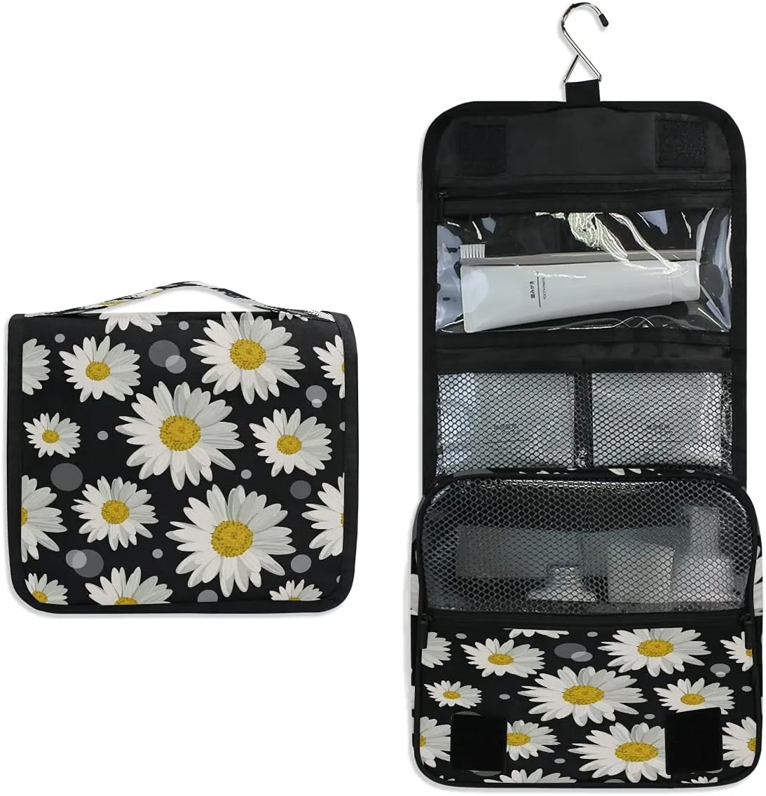 AUUXVA Travel Toiletry Bag Daisy Floral Flower Polka Dot Pattern Cosmetic Organizer Bag Hanging Makeup Bag with Zipper Pocket and Handle, Portable Wash Bag for Women Men Girls