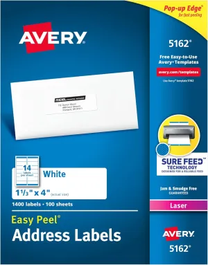 Avery Easy Peel Printable Address Labels with Sure Feed, 1-1/3" x 4", White, 1,400 Blank Mailing Labels for Laser Printers (5162)