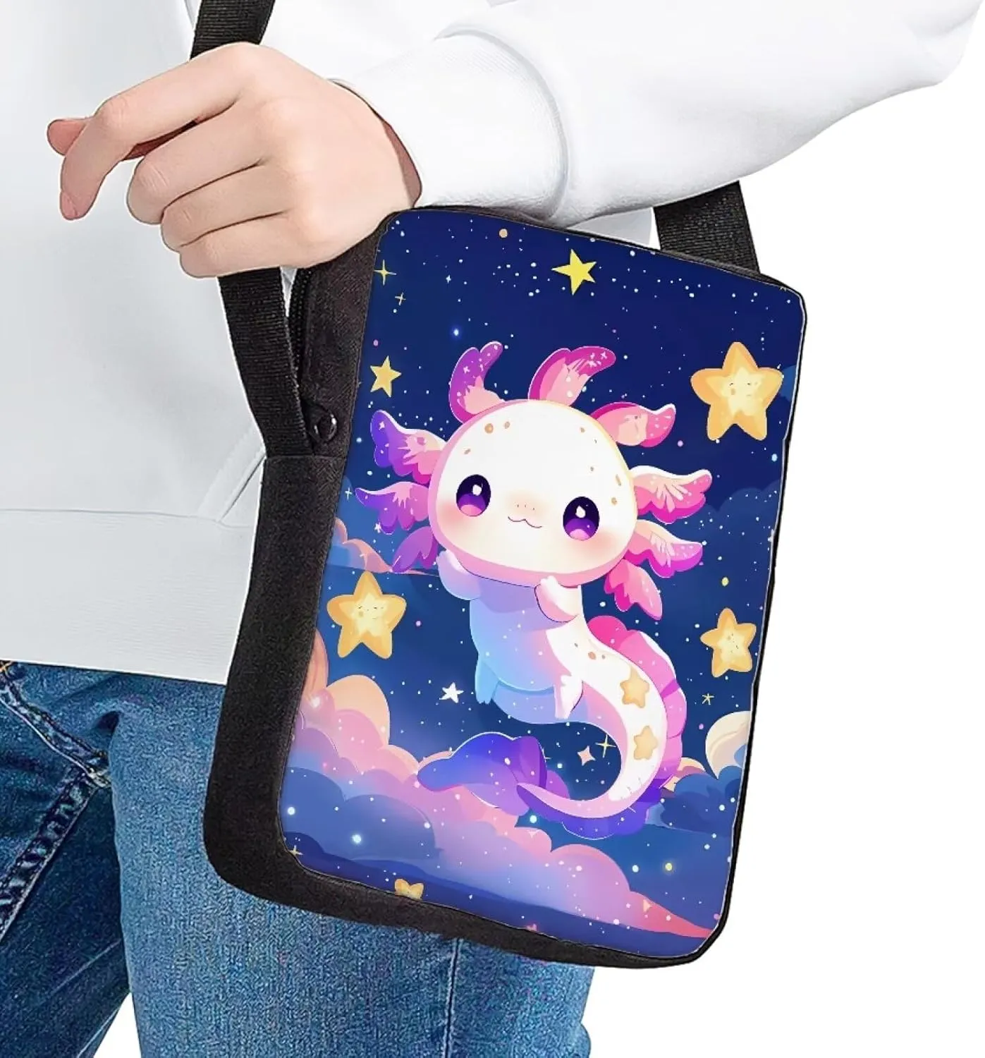 Axolotl Galaxy Small Crossbody Bags for Women Canvas Cell Phone Shoulder Purses with Adjustable Strap Portable Work Travel Daypack
