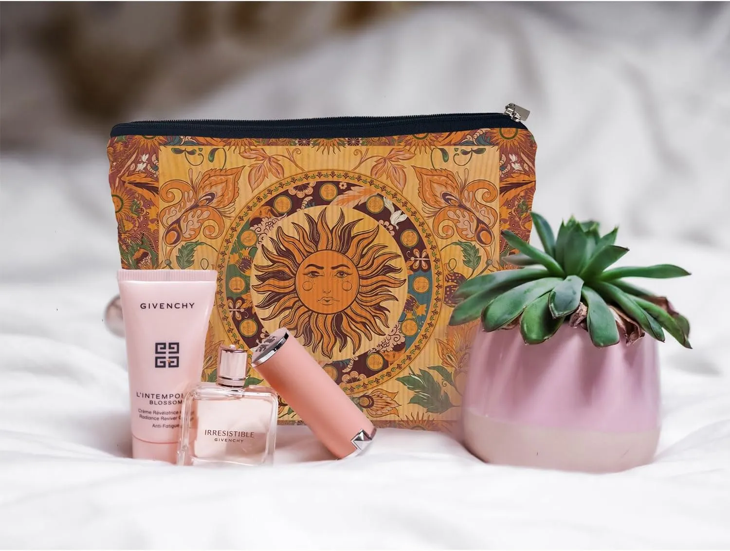 Ayxvt Boho Makeup Bag, Sun and Moon Corduroy Makeup Bag, Hippie Flower Pouch Floral Cosmetic Bag, Boho Gifts for Women Teen Girls (Boho Sun Hippie Flower)（Corduroy）
