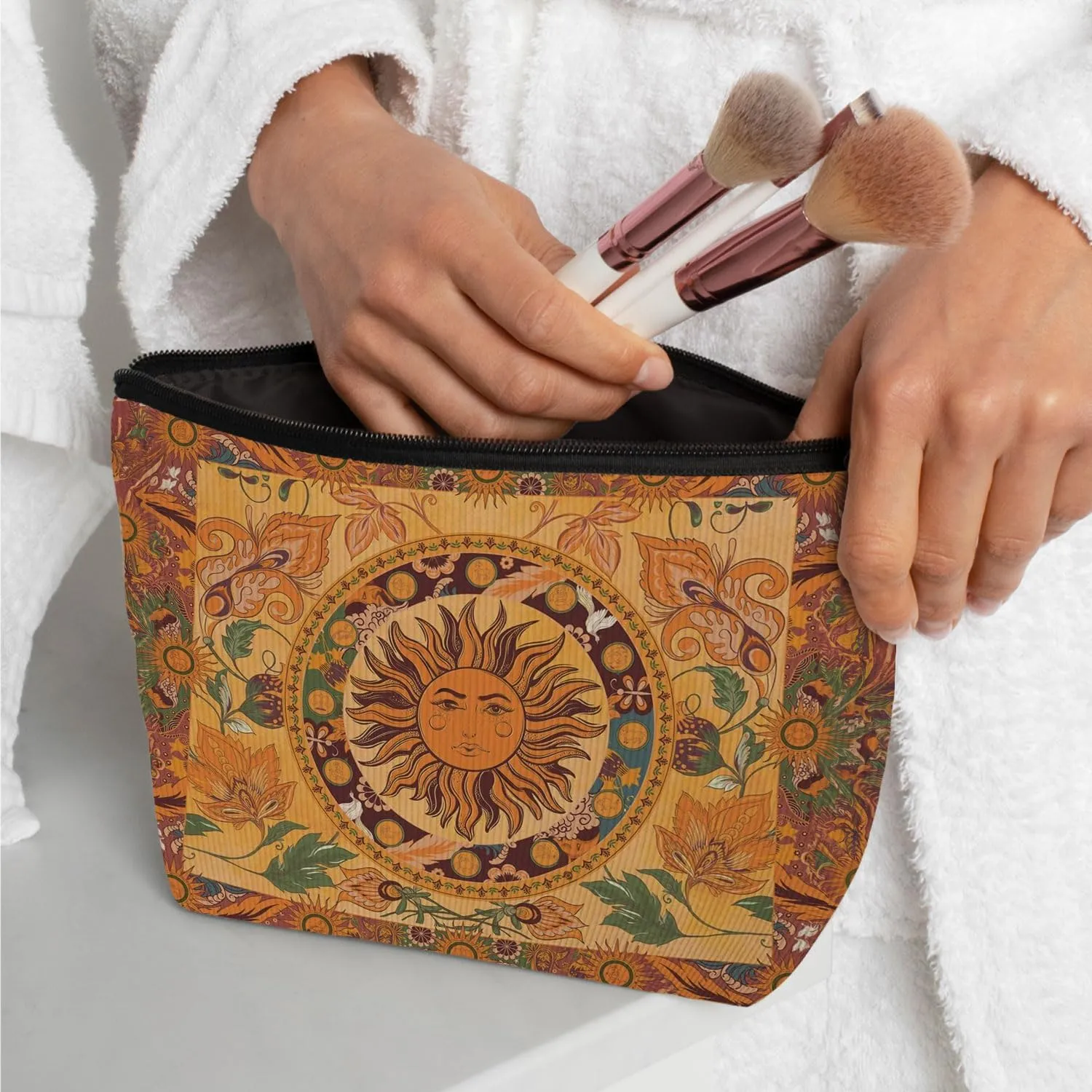 Ayxvt Boho Makeup Bag, Sun and Moon Corduroy Makeup Bag, Hippie Flower Pouch Floral Cosmetic Bag, Boho Gifts for Women Teen Girls (Boho Sun Hippie Flower)（Corduroy）