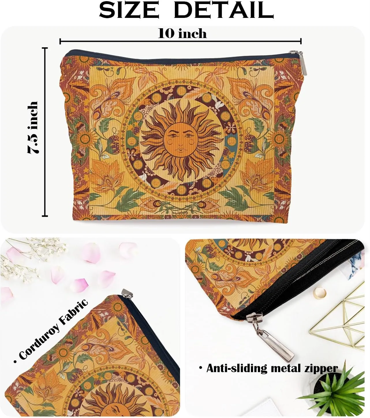 Ayxvt Boho Makeup Bag, Sun and Moon Corduroy Makeup Bag, Hippie Flower Pouch Floral Cosmetic Bag, Boho Gifts for Women Teen Girls (Boho Sun Hippie Flower)（Corduroy）