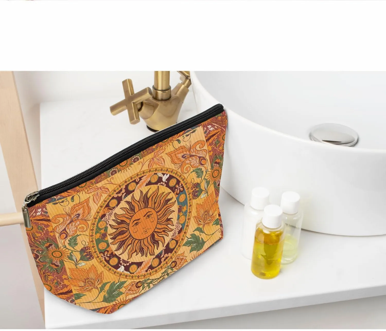 Ayxvt Boho Makeup Bag, Sun and Moon Corduroy Makeup Bag, Hippie Flower Pouch Floral Cosmetic Bag, Boho Gifts for Women Teen Girls (Boho Sun Hippie Flower)（Corduroy）