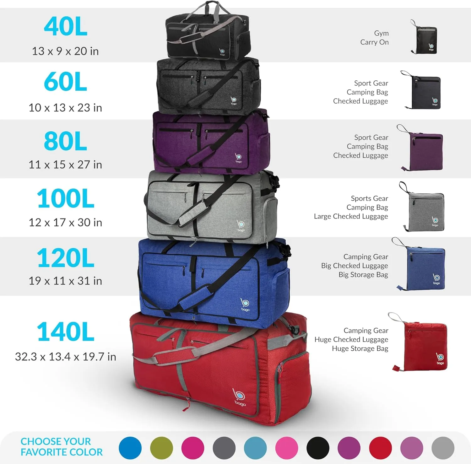 Bago Big XXL Foldable Duffel Bags for Traveling Women & Men - 140L Packable Duffle Bag for Travel with Shoe Compartment - Water Repellant, Heavy Duty, Lightweight Folding & Collapsible (Purple)