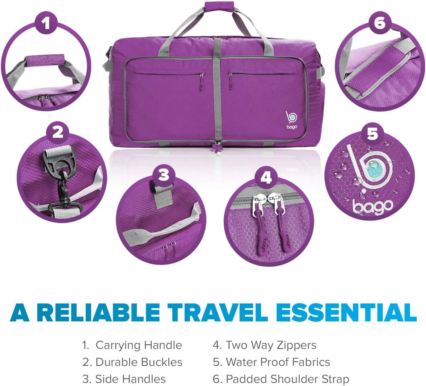 Bago Big XXL Foldable Duffel Bags for Traveling Women & Men - 140L Packable Duffle Bag for Travel with Shoe Compartment - Water Repellant, Heavy Duty, Lightweight Folding & Collapsible (Purple)