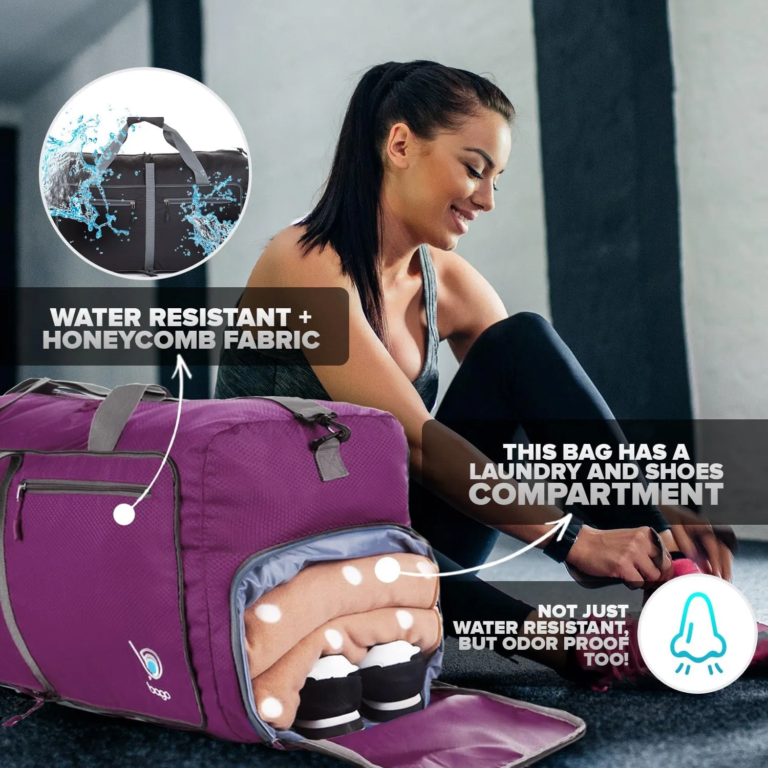 Bago Big XXL Foldable Duffel Bags for Traveling Women & Men - 140L Packable Duffle Bag for Travel with Shoe Compartment - Water Repellant, Heavy Duty, Lightweight Folding & Collapsible (Purple)