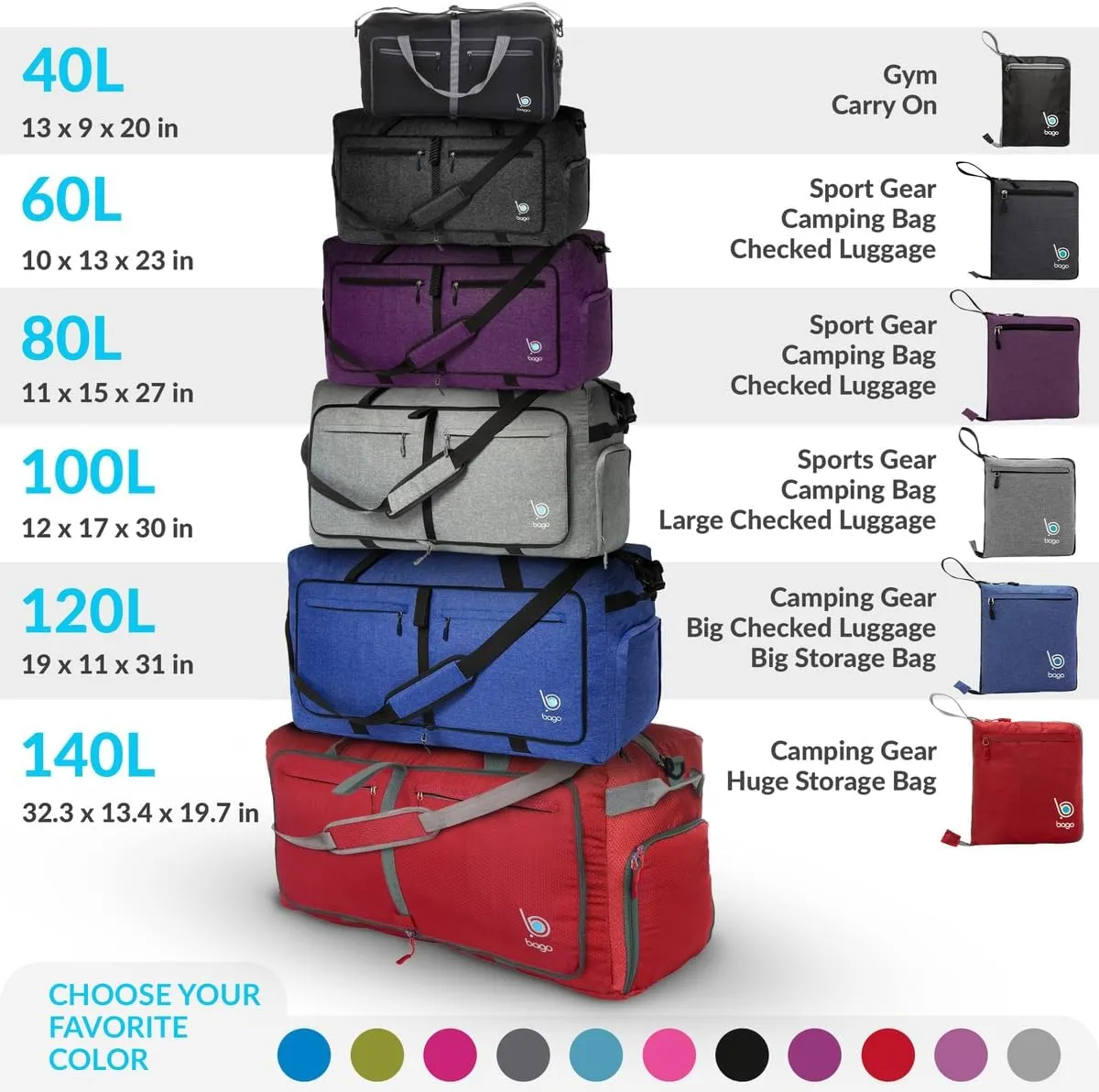 Bago Foldable Duffel Bags for Traveling Women & Men - 40L Sports Packable Duffle Bag for Travel with Shoe Compartment - Water Repellant, Heavy Duty, Lightweight Folding & Collapsible (SnowBlue)