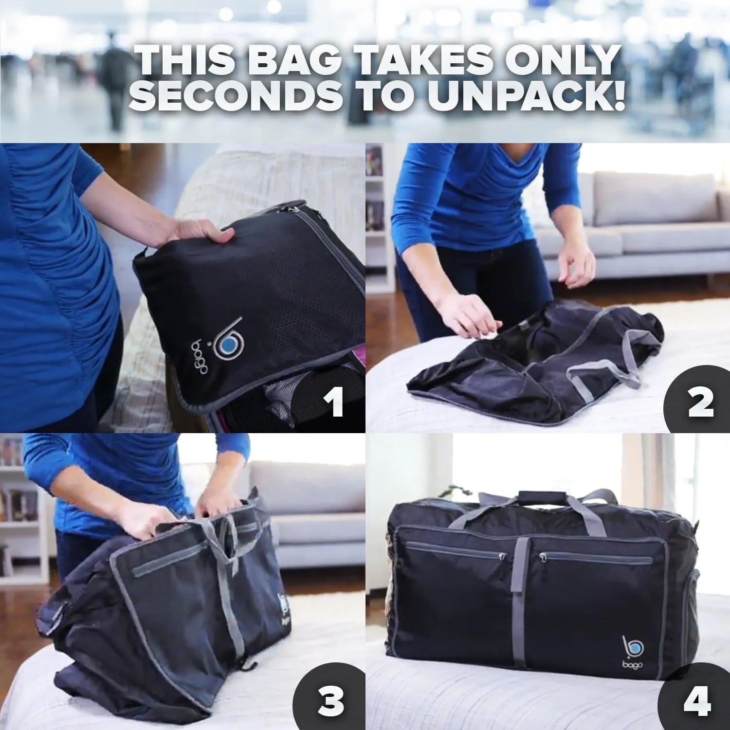 Bago Foldable Duffel Bags for Traveling Women & Men - 40L Sports Packable Duffle Bag for Travel with Shoe Compartment - Water Repellant, Heavy Duty, Lightweight Folding & Collapsible (SnowBlue)
