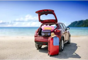 Baocicco 7x5ft Summer Theme Party Backdrop Seaside Landscape Sand Beach Red Car Trunk Suitcase Photography Background Family Party Self-Driving Tour Vacation Summer Holiday Kids Adults Portrait