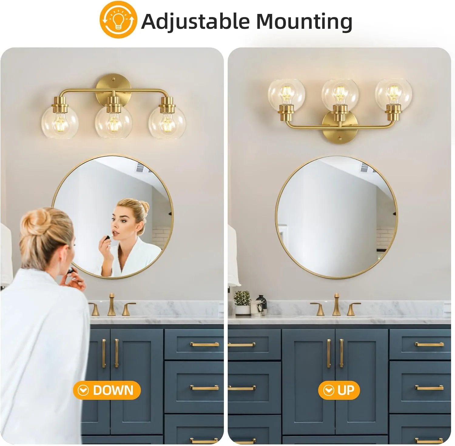 Bathroom Light Fixtures Gold Vanity Light 3 Light Wall Sconces Lighting Brushed Brass Lights with Clear Globe Glass Shades Bath Wall Lamp for Mirror Kitchen Living Room Bedroom Hallway