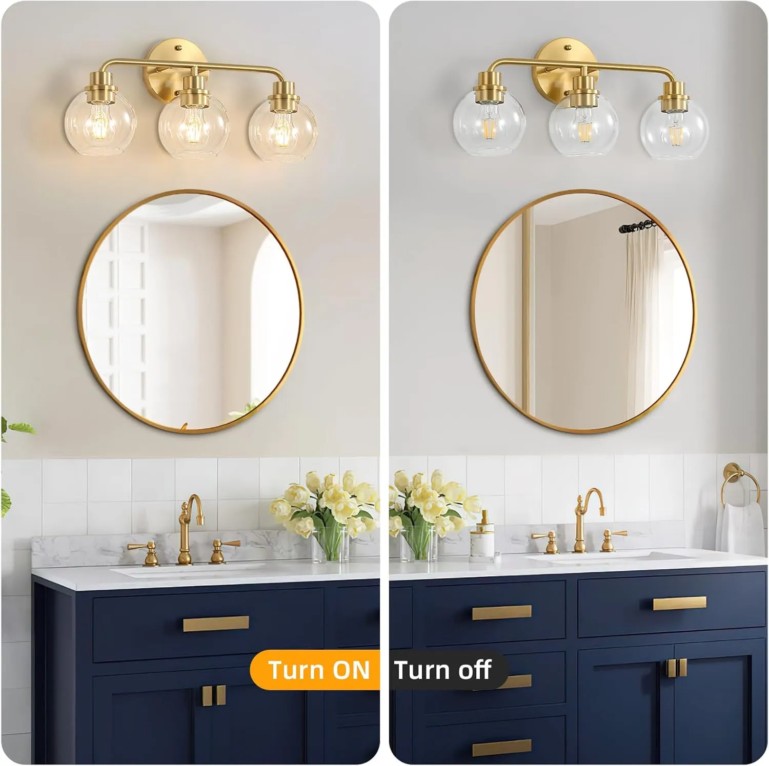 Bathroom Light Fixtures Gold Vanity Light 3 Light Wall Sconces Lighting Brushed Brass Lights with Clear Globe Glass Shades Bath Wall Lamp for Mirror Kitchen Living Room Bedroom Hallway