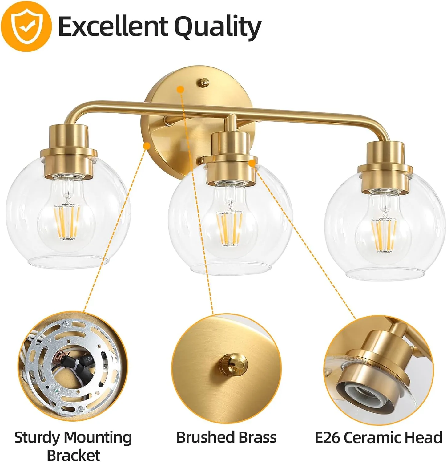 Bathroom Light Fixtures Gold Vanity Light 3 Light Wall Sconces Lighting Brushed Brass Lights with Clear Globe Glass Shades Bath Wall Lamp for Mirror Kitchen Living Room Bedroom Hallway