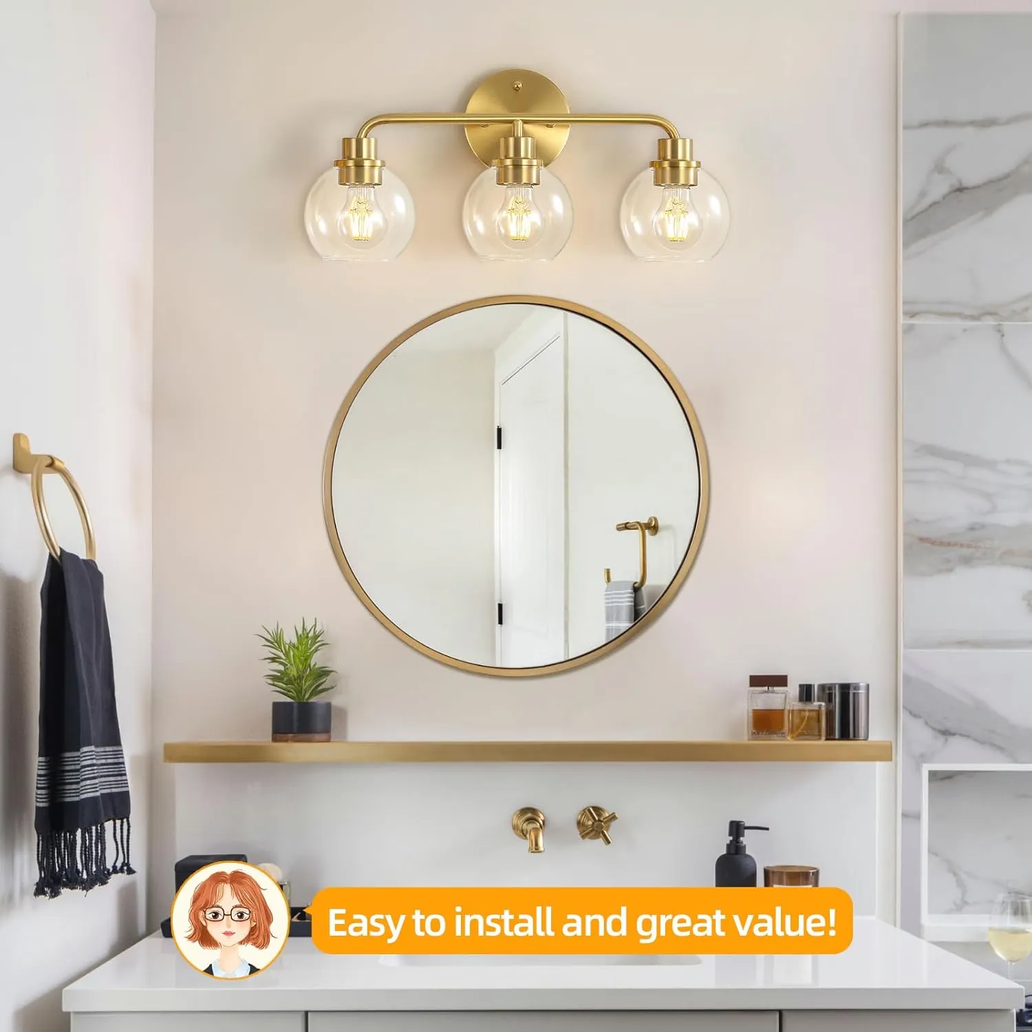 Bathroom Light Fixtures Gold Vanity Light 3 Light Wall Sconces Lighting Brushed Brass Lights with Clear Globe Glass Shades Bath Wall Lamp for Mirror Kitchen Living Room Bedroom Hallway