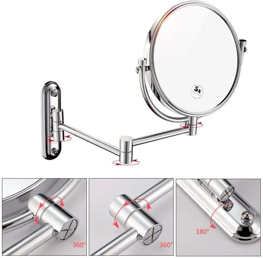 Bathroom Makeup Mirrors Wall Mounted Brass Double Sided Swivel Chrome Magnifying Vanity Shaving Extendable Adjustable(5X)