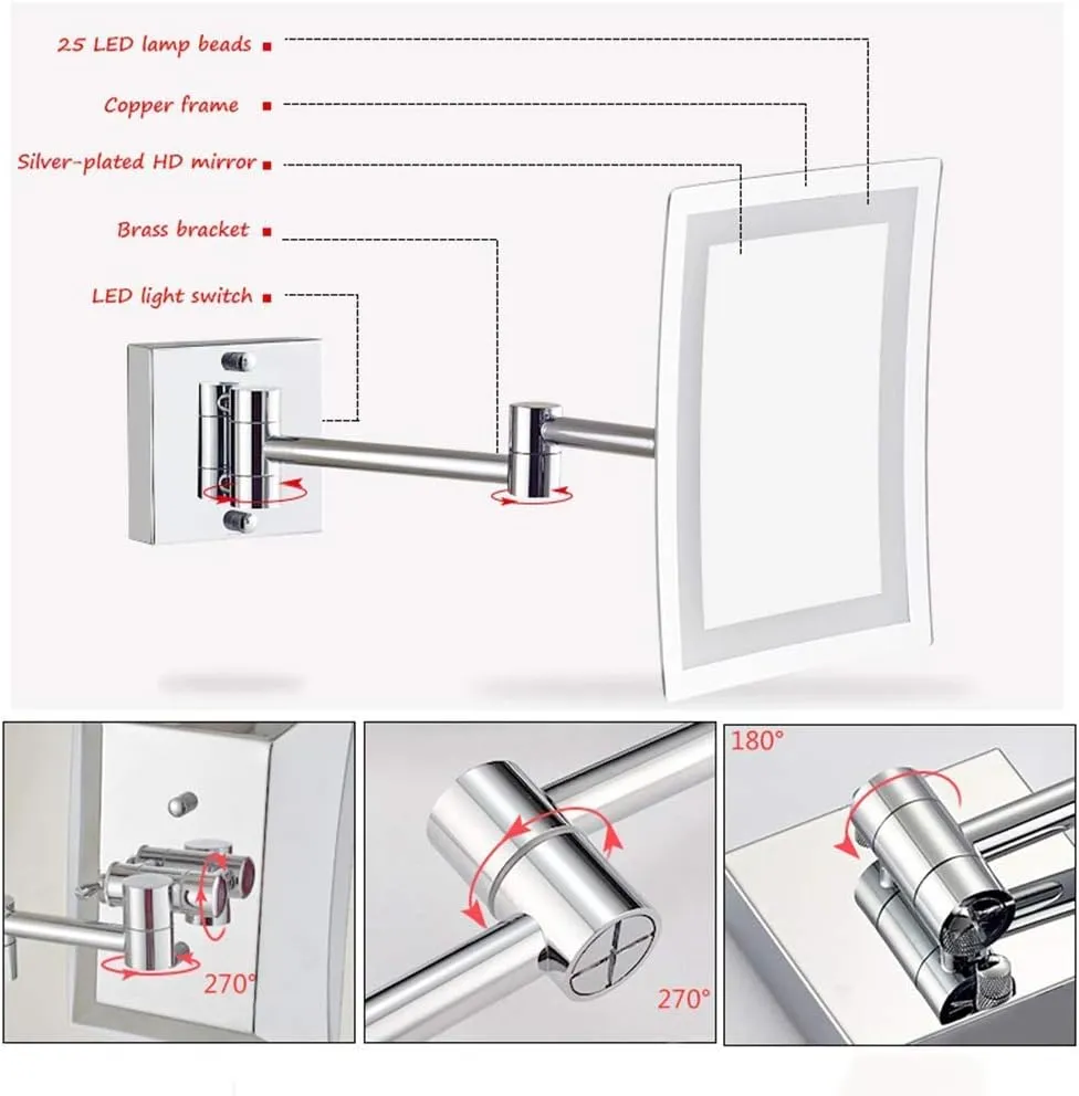 Bathroom Wall-Mounted Makeup Mirror Foldable Telescopic Rotating Metal Copper Square Cosmetic Mirror 8 Inches