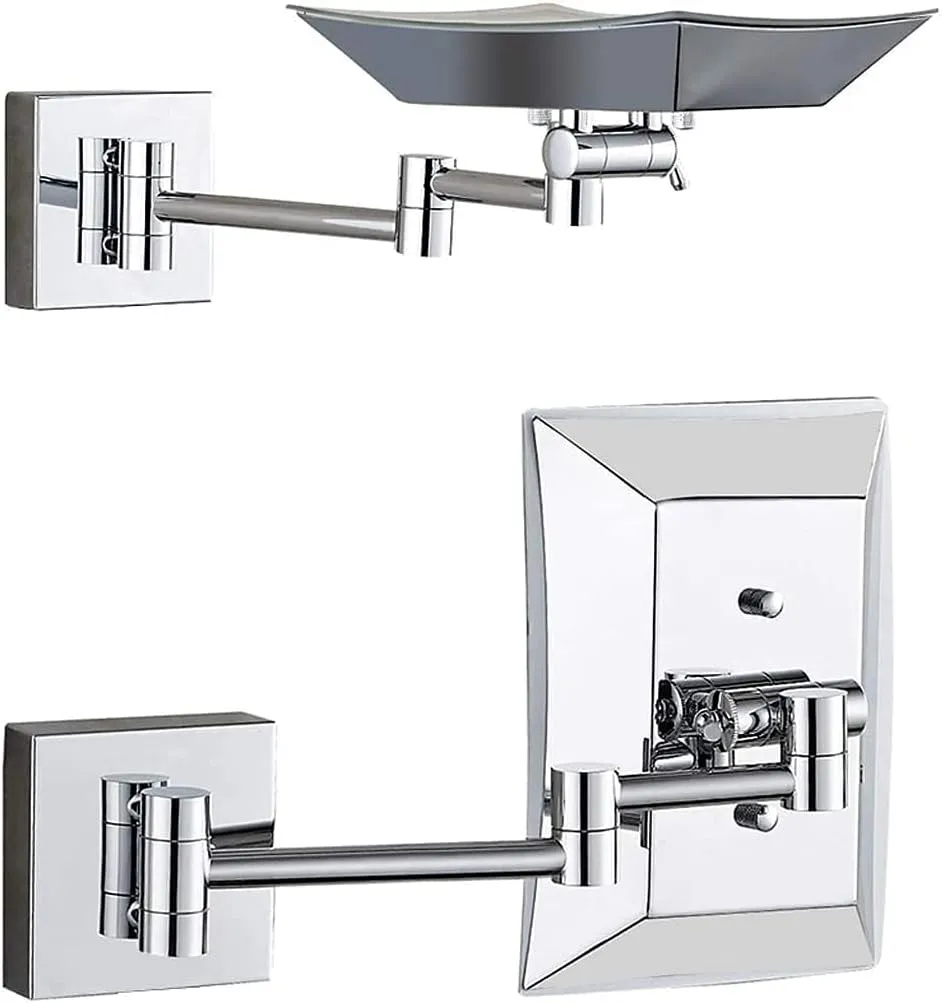 Bathroom Wall-Mounted Makeup Mirror with LED Light Foldable Telescopic Rotating Metal Copper Square Cosmetic Mirror 8 Inches