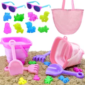 Beach Sand Molds Toys for 2-4 Years Old Girls Kids|Collapsible Sand Bucket Sandbox Toys|Pink Shovels|Sunglasses&Mesh for 3-5 Years Old Toddlers|Travel Sand Toys for Beach Camping