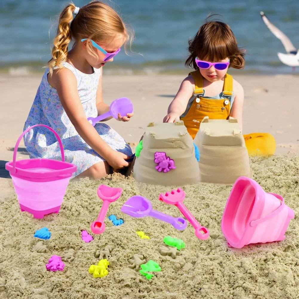 Beach Sand Molds Toys for 2-4 Years Old Girls Kids|Collapsible Sand Bucket Sandbox Toys|Pink Shovels|Sunglasses&Mesh for 3-5 Years Old Toddlers|Travel Sand Toys for Beach Camping