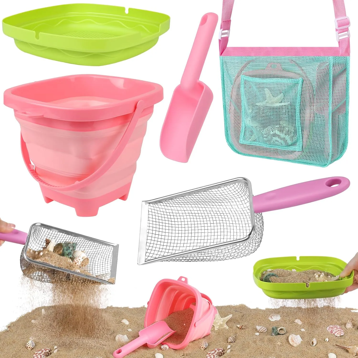Beach Toys, Sand Toys with Collapsible Beach Bucket, Sand Sifter, Beach Mesh Shovel, Shark Tooth Sifter and Mesh Bag for Shell Collecting, Sand Dipper Beach Scoop for Kids Adults Boys Girls