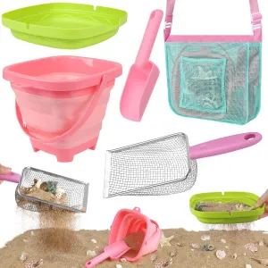 Beach Toys, Sand Toys with Collapsible Beach Bucket, Sand Sifter, Beach Mesh Shovel, Shark Tooth Sifter and Mesh Bag for Shell Collecting, Sand Dipper Beach Scoop for Kids Adults Boys Girls