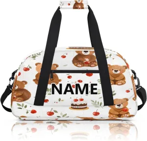 Bear Brown Mini Gym Bag 18 inch for Women Men Waterproof Custom Bear Cherry Travel Duffel Bag Carry On Overnight Tote Nurse Bag for Work Fitness Hiking