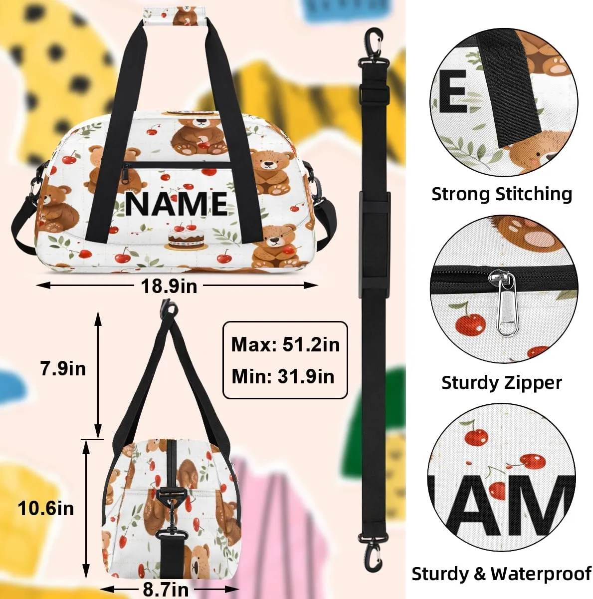 Bear Brown Mini Gym Bag 18 inch for Women Men Waterproof Custom Bear Cherry Travel Duffel Bag Carry On Overnight Tote Nurse Bag for Work Fitness Hiking